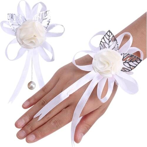 Promotional Wedding Props Bride and Groom Wrist Corsage Ribbon Gold Leaf DIY Bridesmaid Best Man Wrist Flower XH074