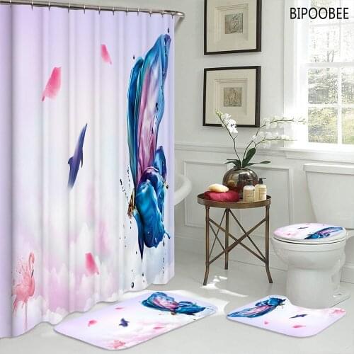 Romantic Butterfly Toilet Cover Bath Mats Rugs Dolphin Shower Curtains with Hooks Durable Bathroom Curtain Set Anti-slip Carpet
