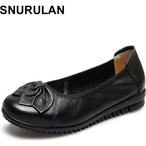 SNURULAN 2020Summer Genuine Leather Flat Shoes Women Slip-On Bowknot Soft Bottom Comfortable Low Heel Genuine Leather Woman Shoe