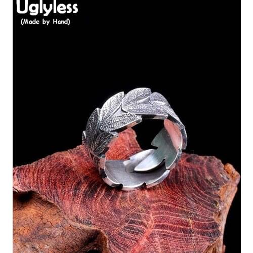 Uglyless Vintage Thai Silver Leaf Rings for Women Men Unisex Solid 925 Sterling Silver Wide Open Ring Handmade Fine Jewelry R894
