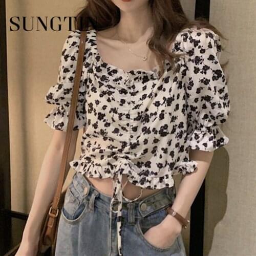 Sungtin Boho Drawstring Floral Print Women Blouse French Fungus Hem Elegant Puff Sleeve Female Shirt Cute Thin Shirt 2021 Chic