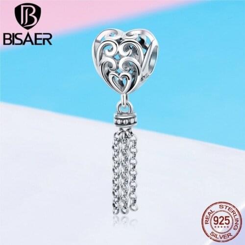 100% 925 Sterling Silver Heart Shape Vintage Tassel Charms Beads Fit Charm Bracelets for Women Beads Silver 925 Jewelry ECC722