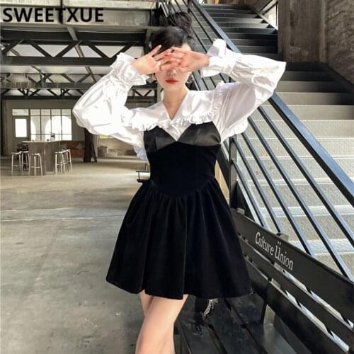 SWEETXUE Female 2021 Peter Pan Collar Flared Sleeve Blouse V-neck Black Dress Womens 2-Piece Set Temperament Outfits Ladies