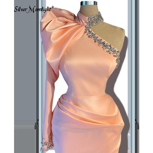 Princess Pink One Shoulder Evening Dress with Puff Sleeve Beatuiful Beading Formal Prom Dresses for Celebrity Vestido De Novia