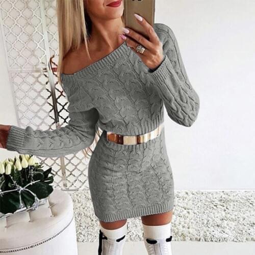 Casual Slash Neck Mini Twisted Sweater Women Vintage Autumn Winter Long Sleeve Knitted Dress Female Bodycon Outwear Dresses