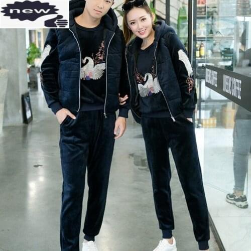 Couple Embroidery Casual Thick Velvet 3Pcs Outfits Sleeveless Hooded Vests O-Neck Pullover Sweatshirts Drawstring Waist Pants