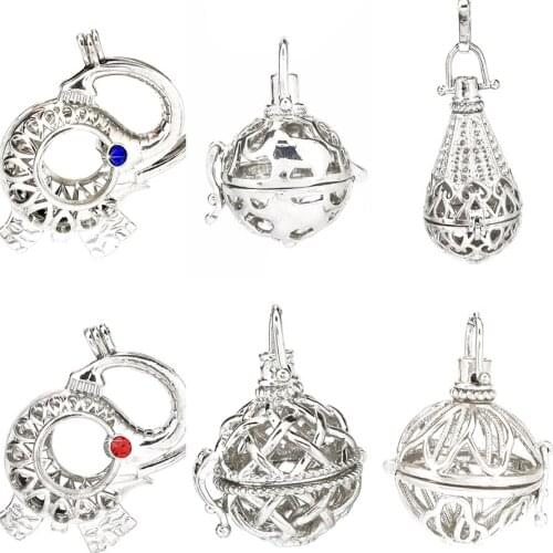 1pc Silver Flower Elephant Woven Ball Lava Rock Aroma Pendant Essential Oil Diffuser Boho Locket Pendant