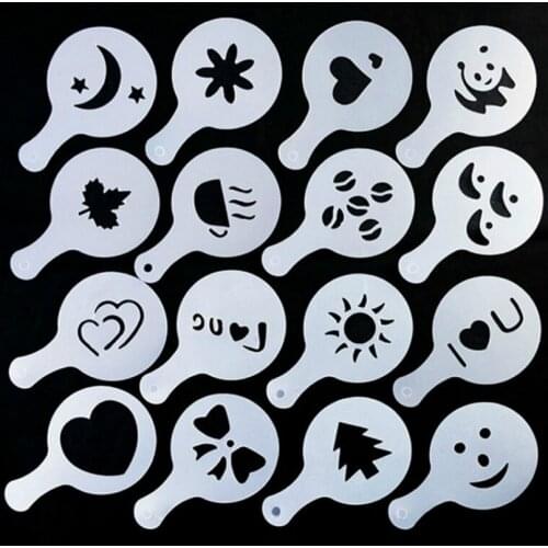 16pcs Coffee Printing Flower Model Cafe Accessories Coffee Foam Spray Template Plastic Garland Mold Pad Barista Art Stencils