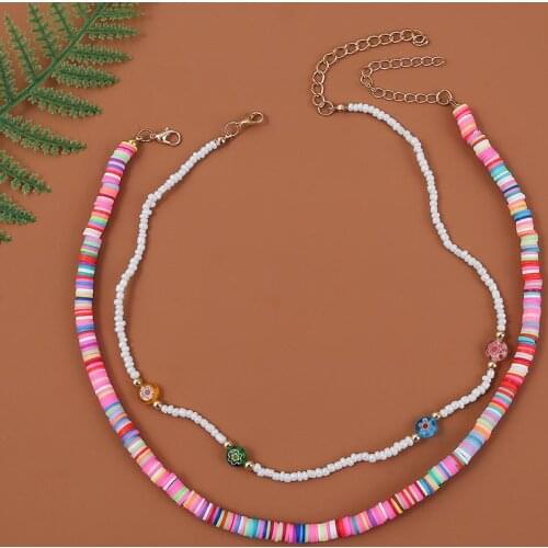 2 Pcs/Set Bohemian Glazed Glass Beads Separate Handmade Beaded Chokers Necklaces For Women Multicolor Polymer Clay Necklace