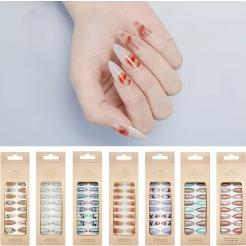 24 Pcs Pointed Marble Design Fake Nails Leopard Butterfly Pattern Press On False Nail Tips Plastic Manicure Decoration Nail Art