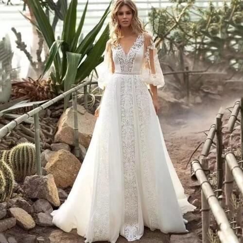 4228#Ivory Fairy Vintage Wedding Dresses 3/4 Sleeve Lace Wedding Gowns A Line Boho Bridal Dress Robe de Mariage China