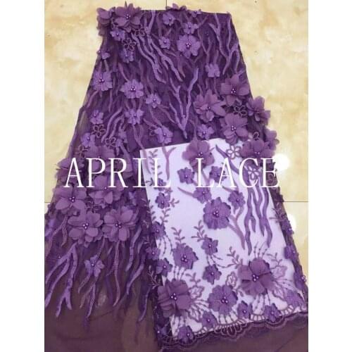 5yards xx01# purple 3d chiffon flower pearls luxury tulle mesh lace for sawing bridal wedding dress/occasion