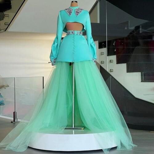 Turquoise 2 Pieces Prom Dresses High Neck Beaded Satin And Tulle Long Sleeves Evening Gowns A Line Front Slit Party Dress