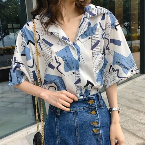 Harajuku Printing Blouse Casual Shirt 2019 Summer Short Sleeve Women Shirts Blusas Tops Retro Print Chiffon Blouses