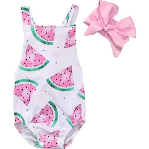 Summer Newborn Clothes Pink Baby Girl Sleeveless Watermelon Bodysuits Fashion Backless Jumpsuit Sunsuit Headband 2pcs Outfits