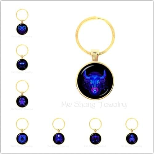 Aries/Taurus/Gemini/Cancer/LEO Zodiac Signs Keychain Retro Twelve Constellations Cabochon Glass Time Gem Birthday Star Sign Gift