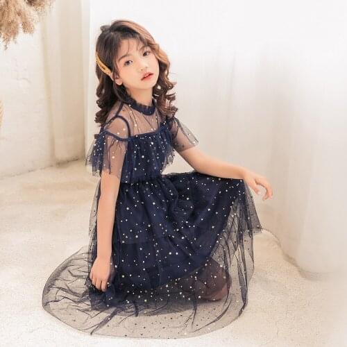 Kids Dresses for Girls Dress Mesh Star Sequins Teenage Girls Princess Dress Summer Short Sleeve Children Costume 6 8 10 12 Year