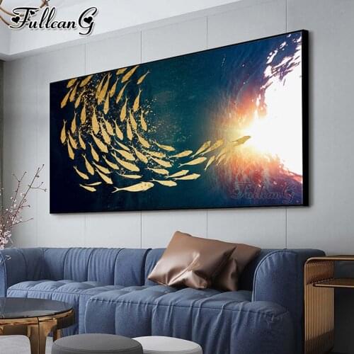 FULLCANG Sunset abstract golden fish mosaic 5d diy diamond painting full square round drill rhinestone embroidery animals FG0166