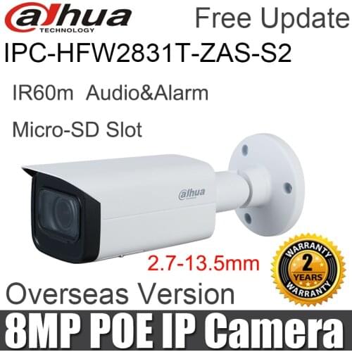 Dahua 8MP IP Camera IPC-HFW2831T-ZAS-S2 2.7–13.5mm Motorized zoom Lens SD Card Slot Audio Alarm Interface IR60M POE Network Cam