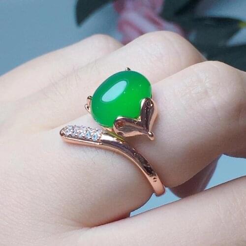 Fox 100% Rose Gold 925 Sterling Silver Ring Natural Green Jade Gemstone Wedding Engagement Rings Women Jewelry Gifts