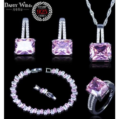 Lovely Square Pink Stones silver color Costume Jewelry Sets For Women Girl Set of Earrings/Rings/Pendant/Necklace/Bracelets
