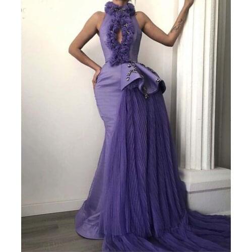 Lavander Mermaid Appliques Evening Dresses 2021 Sleeveless O Neck Long Chiffon Beaded Formal Evening Party Gowns Robe De Soiree