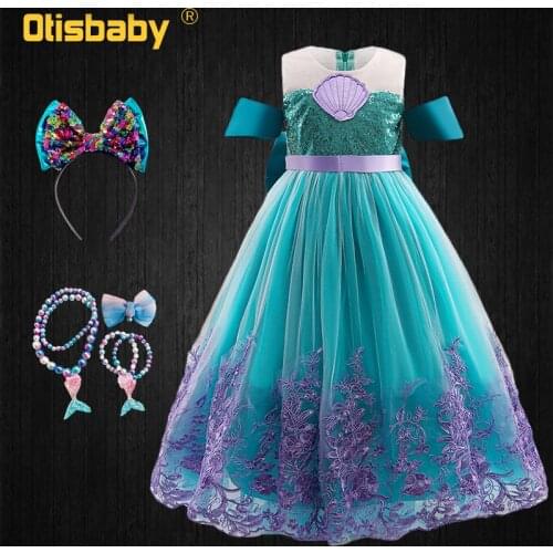 Summer Children Lace Floral Girl Shoulderless Mermaid Costume Christmas Halloween Kids Elegant Ceremony Girls Sequined Dress