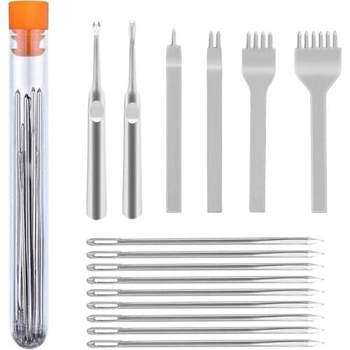 LMDZ Lacing Stitching Punch, U V Shaped Stitching Groover Skiving Edge Beveler and Large Eye Sewing Needles, Leather Crafts Tool