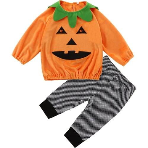 2021 0-3Y Toddler Baby Girl Boy Halloween Clothing Long Sleeve Crew Neck Pumpkin Costume Tops+Striped Pants Set 2pcs