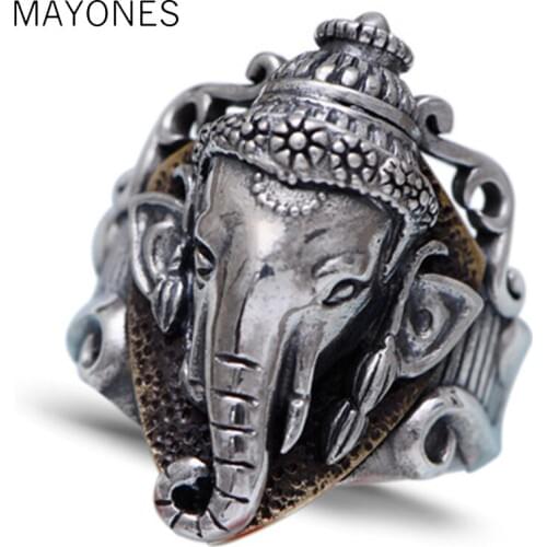 MAYONES 925 Sterling Silver Vajra Elephant Open Rings for Men Vintage Animal Ring Thai Silver Fashion Jewelry Anillos