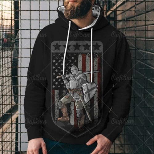 U.S Retro Style Knight Mens 3D Printed Loose Hooded Sigital Printing Sweater