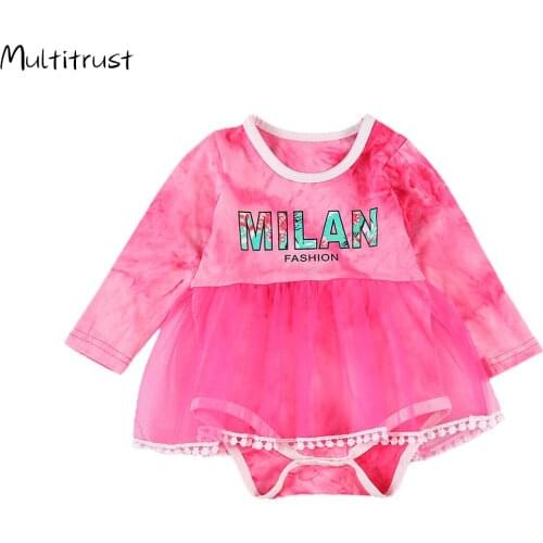2020 Autumn Baby Girls Cotton Bodysuits Long Short Crew Neck Tie Dye Letter Print Bodysuit Tulle Tutu Dress 0-24M