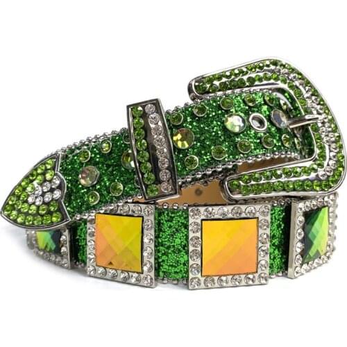 Green Square Rhinestone Belt Western Crystal Studded Belt Cowboy Cowgirl Diamond Girdle Luxury Strap Belt Buckle Cinto De Couro