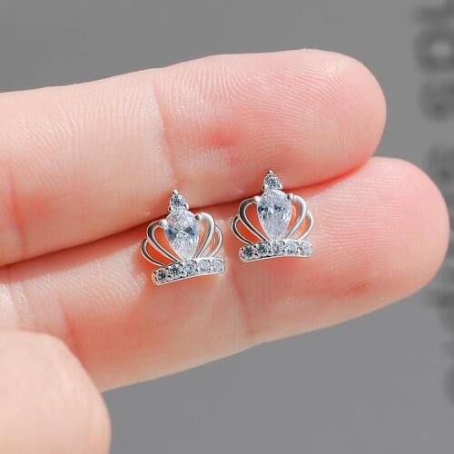 Luxury Female Queen Crown Stud Earrings Rose Gold Silver Color Wedding Earrings Fashion White Crystak Small Earrings For Women