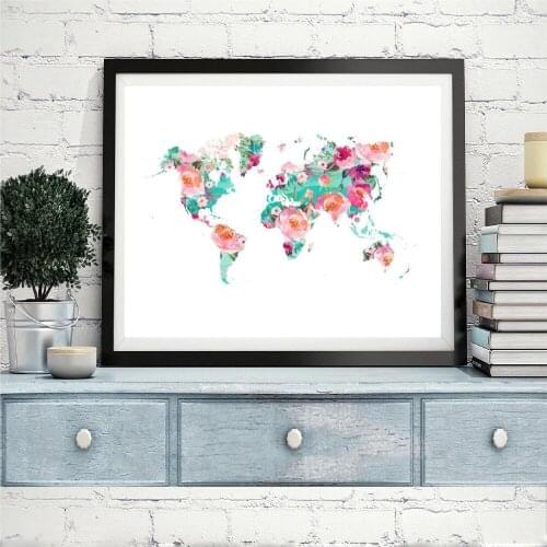 Nordic Simple World Map Flower Poster and Prints Wall Art Floral Watercolor Canvas Painting Modern Home Interior Decor