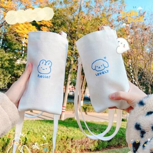 Cartoon Thermos Cup Buggy Bag Simple Cup Shoulder Bag Portable Canvas Protective Cover Home Kitchen Storage