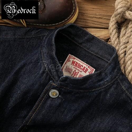 Mbbcar 14OZ heavy red line denim antique fabric denim jacket indigo washed and desizing stand-up collar retro jacket 3031