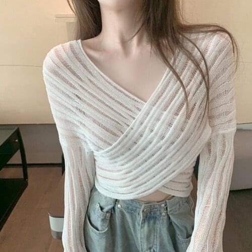 Zoki Knitted Women T Shirt Sexy Cross White Long Sleeve Hollow Out Tees Fashion Summer Thin Crop Top Korean Summer Female Tshirt