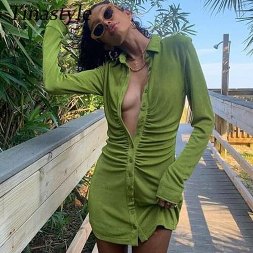 Tinastyle Ruched Pleated Sexy Shirt Dress Women Turn-Down Collar Buttons Mini Blouse Dress Solid Streetwear Christmas Dresses