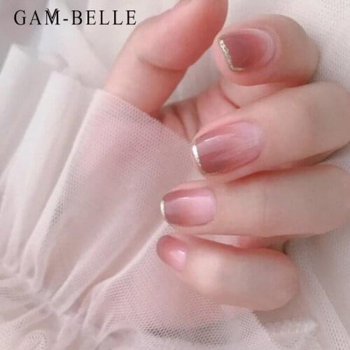 GAM-BELLE 24Pcs French Glitter Tips Fake Nails Nude Pink Gradient Designs Square False Press On Nails Art Manicure Decoration