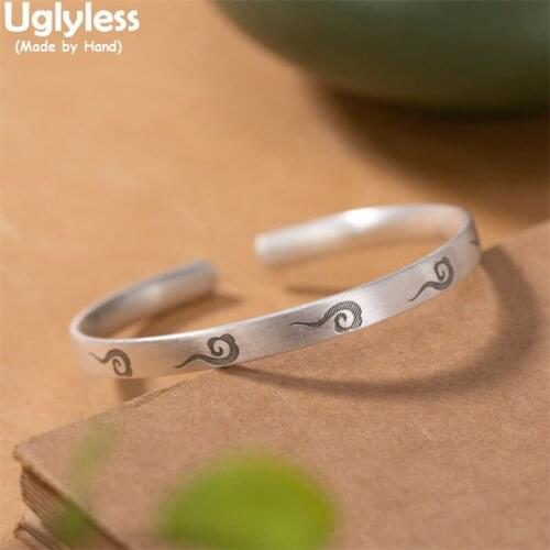 Uglyless Ethnic Lucky Clouds Bangles for Women Solid 999 Full Silver Open Flat Bangles Eastern Beauty Exotic Dress Jewelry Matte