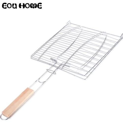 Wooden Handle Stainless Steel Wire BBQ Accessories Barbecue Meshes Camping Grill Rack BBQ Grill Single Meat Fish Vegetable