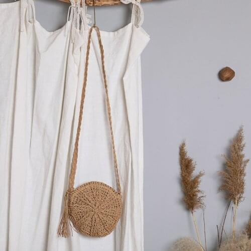 Womens Straw Crossbody Bag Summer Beach Retro Woven Round Bottom Handle Purse Shoulder Bag for Vocation with Tassels