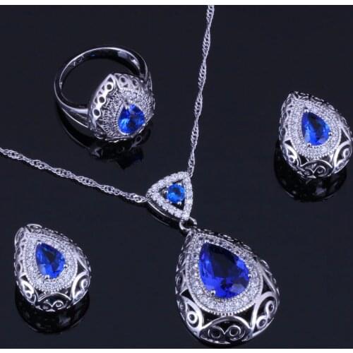 Water Drop Blue Cubic Zirconia White CZ Silver Plated Jewelry Sets Earrings Pendant Chain Ring V0315
