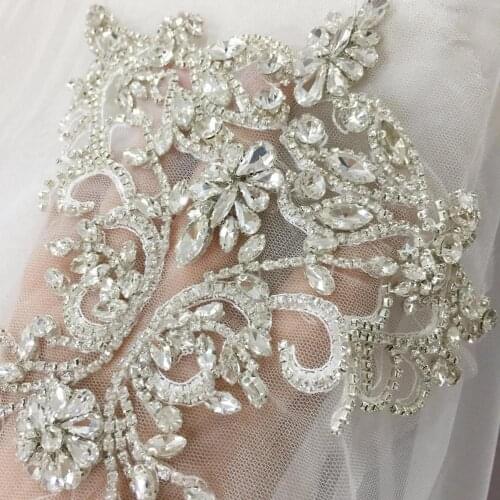 Rhinestone Crystal Appliques, Tulle Crystale Beading Lace Collar with Lace Backing Wedding Dress Belt Bridal Cover up 15x20
