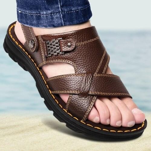 2021 Summer New Flat Slip on Leather Sandals Men Fashion Non-slip Slippers for Male Outdoor Comfortable Sandy Beach Men Sandals