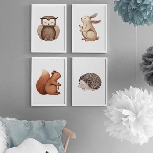 Wall Art Canvas Painting Nordic Cartoon Rabbit Owl Hedgehog Squirrel Posters and Prints Animal Pictures for Kids Room Decor