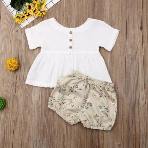 New 0-18M Kid Outfit Clothes Girls Linen T-shirt Top+Floral Shorts Baby Girl Pants 2PCS Sets