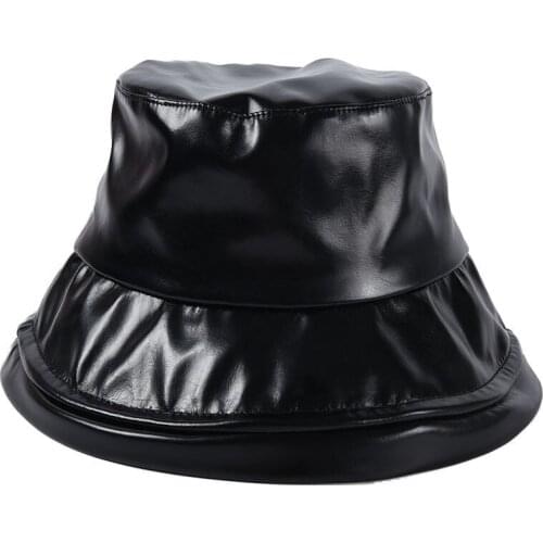 Men And Women Flat Top Fisherman Hat 2019 Soft Faux Leather Bucket Hats Soft Light PU Hip Hop Caps Street Collapsible Sun Visors