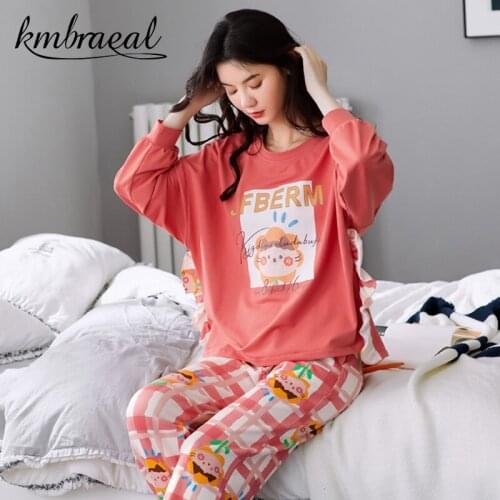 Pajamas for Women Cotton Autumn Cartoon Grid Cute Long-Sleeved Trousers 2 Piece Set Homewear Casual Sleepwear Plus Size M-3xl